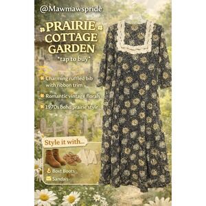 Vintage Prairie Cottagecore Floral Midi Dress Ruffle Bib 70s Boho Folk Medium